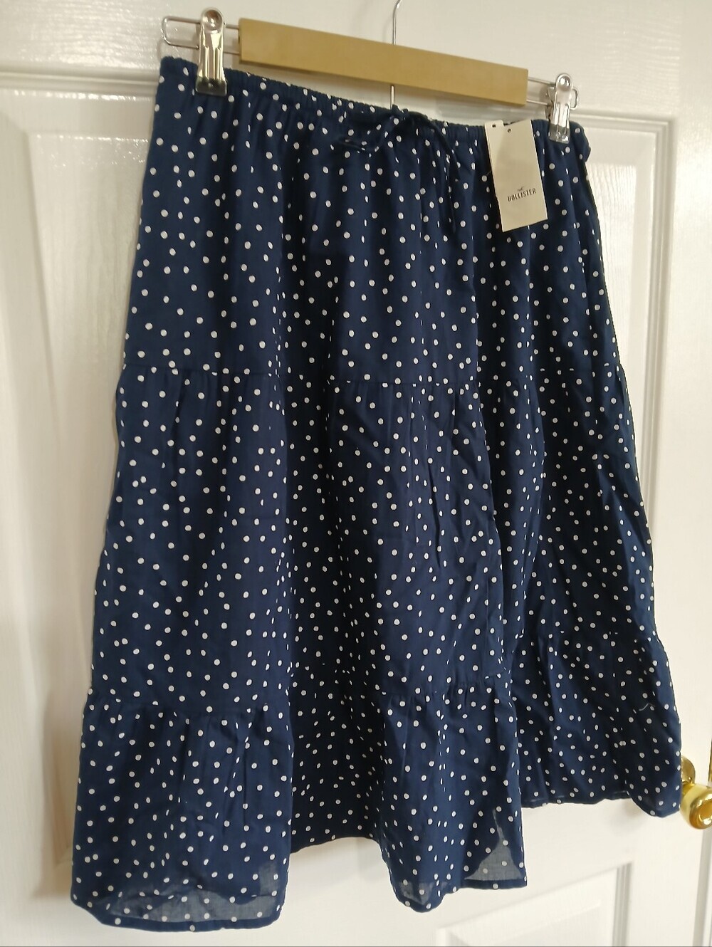 Hollister Navy Blue & White Polka Dot A-Line Skirt Midi Beach Preppy Coastal NWT